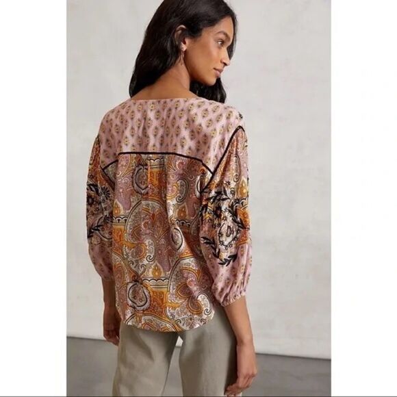 NEW Anthropologie Emma Kayleigh Tie Front Spliced Tassel Peasant Blouse Medium - Picture 4 of 5